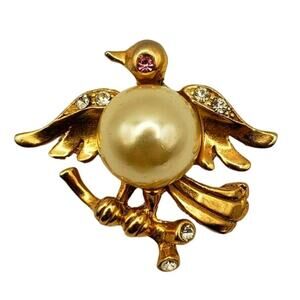 Retro Bird Pin Pearl Body Belly Brooch Gold Vermeil Animal Vtg Perched Branch